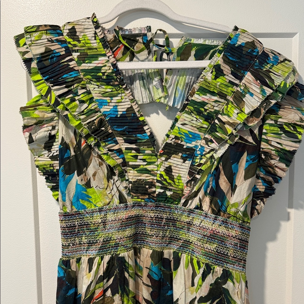 Floral V-Neck Mini Dress in Green & Blue